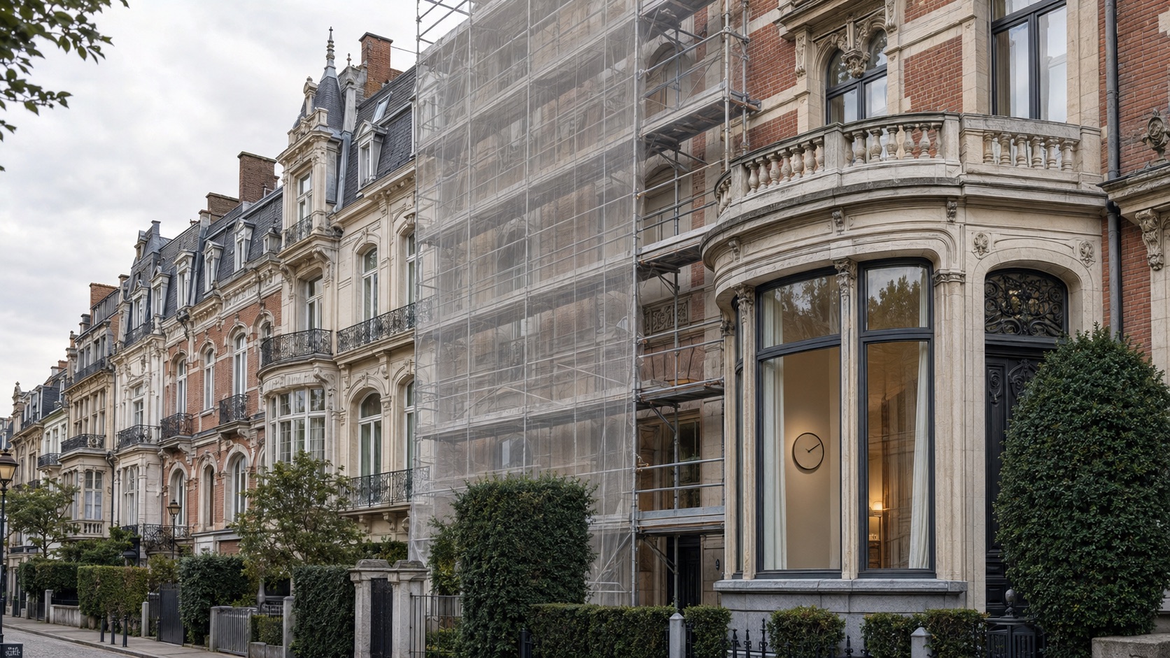 Façades de maisons bruxelloises sous échafaudage, chantier en attente