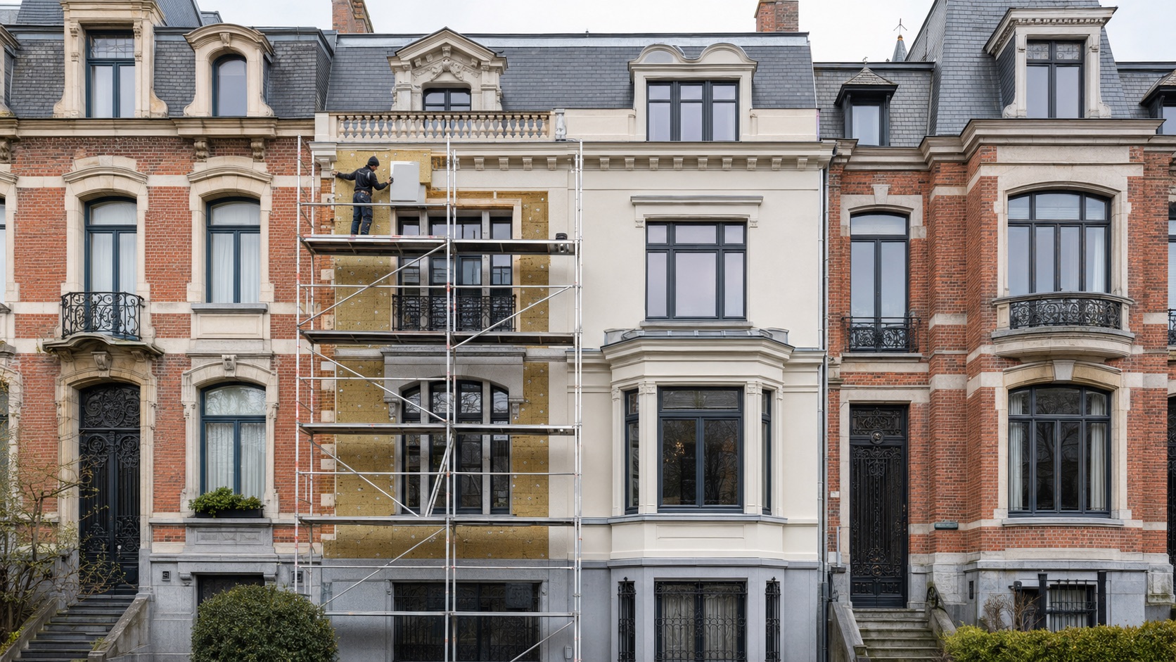 Isolation par l'extérieur d'une façade de maison bruxelloise sous échafaudage