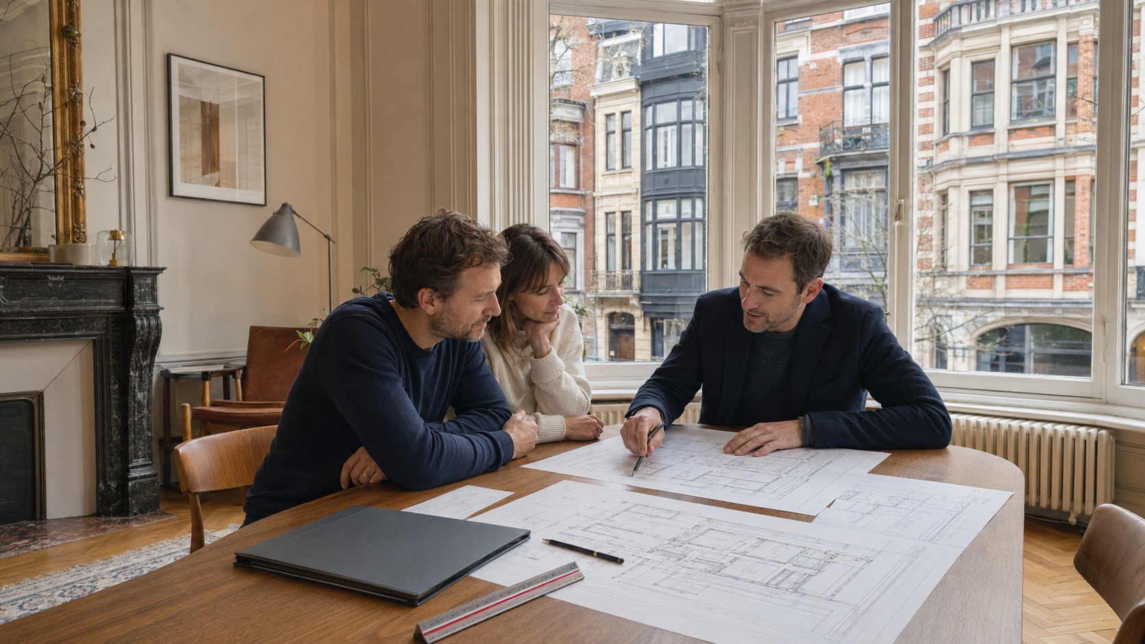Un couple étudie les plans de son permis d'urbanisme avec un architecte, maisons bruxelloises par la fenêtre