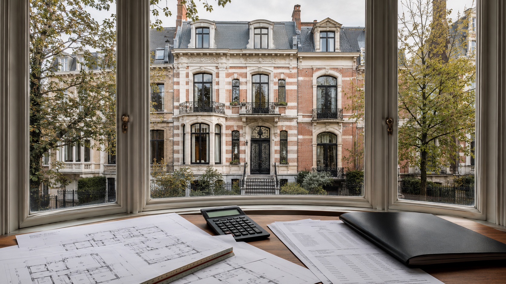 Plans et calcul du budget d'un permis d'urbanisme, maison de maître bruxelloise par la fenêtre