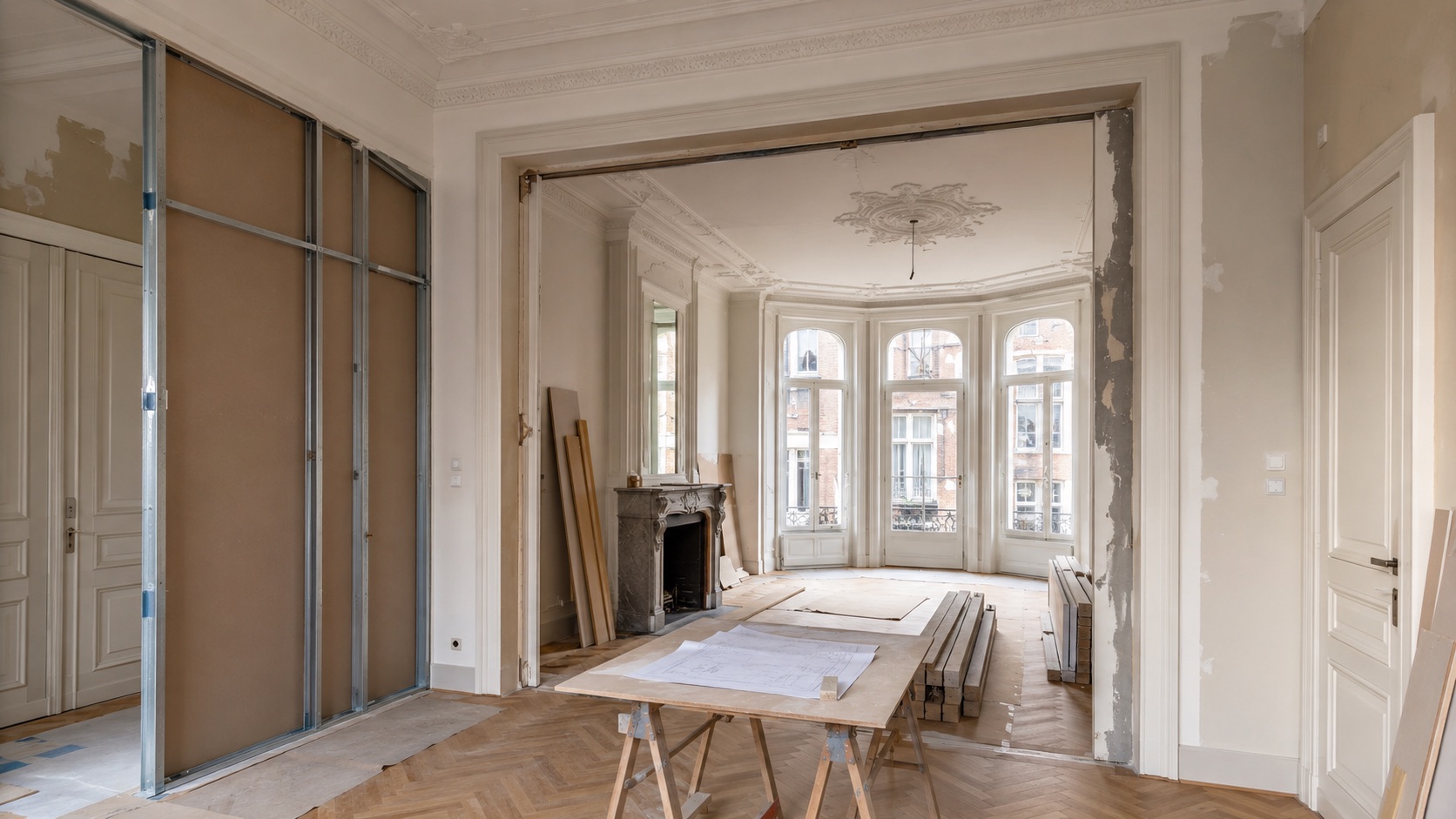 Transformation intérieure d'un appartement bruxellois, moulures et parquet conservés
