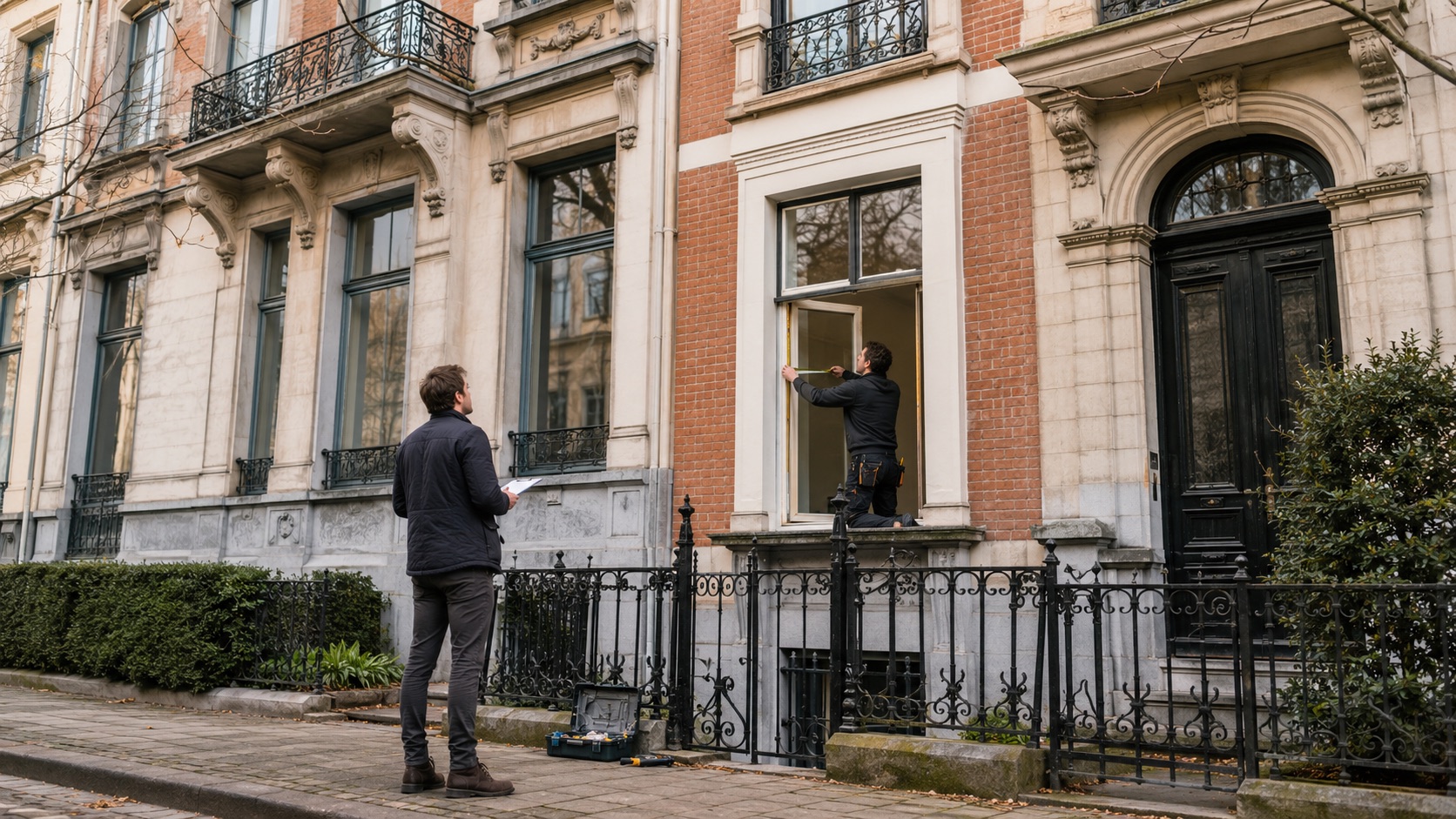 Propriétaire et artisan remplaçant un châssis d'une maison bruxelloise